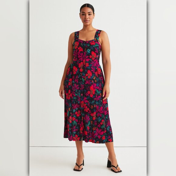 A457 • Tropical Floral Button Front Midi Dress - Picture 1 of 4